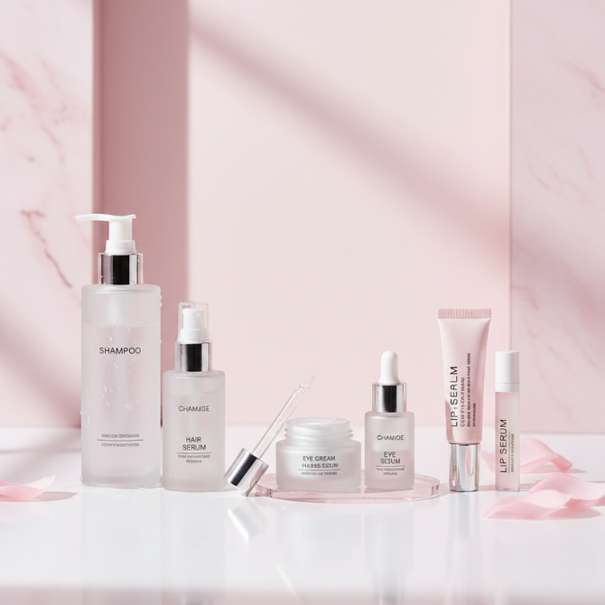 A beautiful South Asian model showcasing healthy hair, glowing skin, and soft lips while posing with luxury hair serum, eye cream, and lip balm bottles in a soft pink studio.