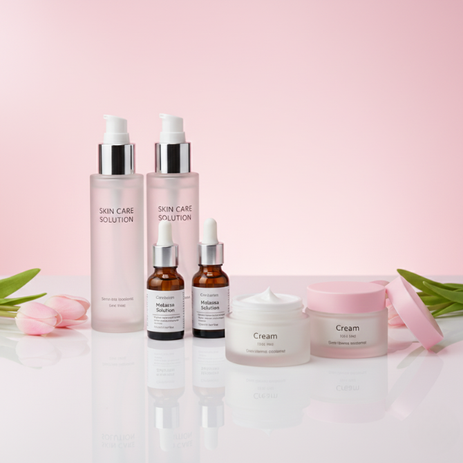 Premium skincare collection featuring Melasma Solution bottles, Skin Care Solution, and cream jars on a soft pink background with tulips.