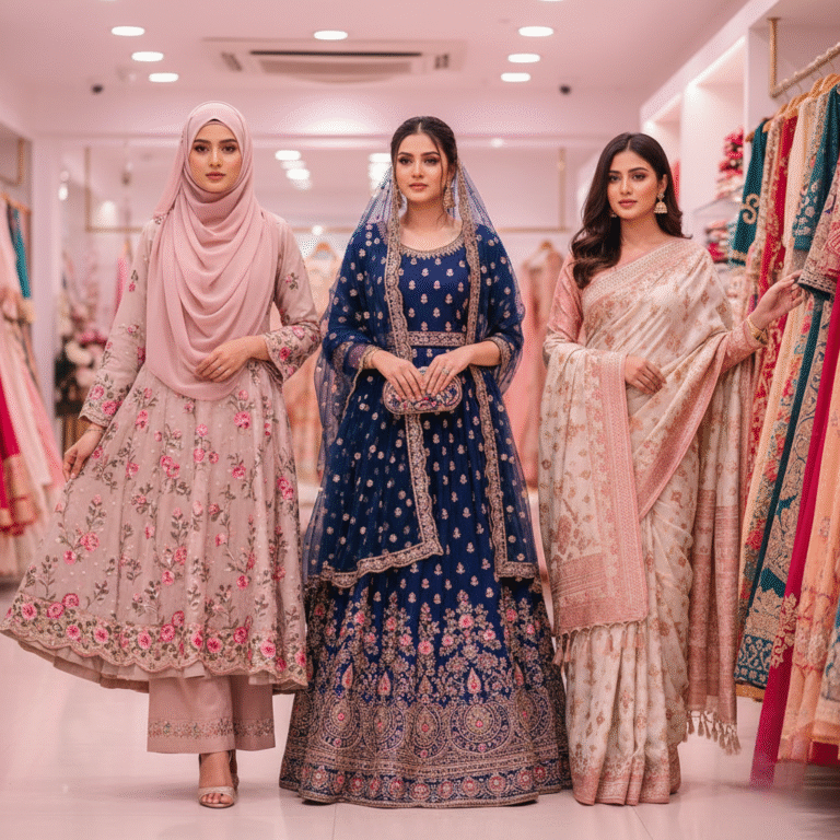 Elegant South Asian female models showcasing premium sarees and stylish three-piece suits in a modern fashion showroom.