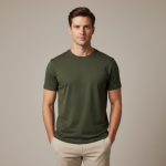 Handsome male model wearing a premium solid color casual t-shirt in a studio setting.